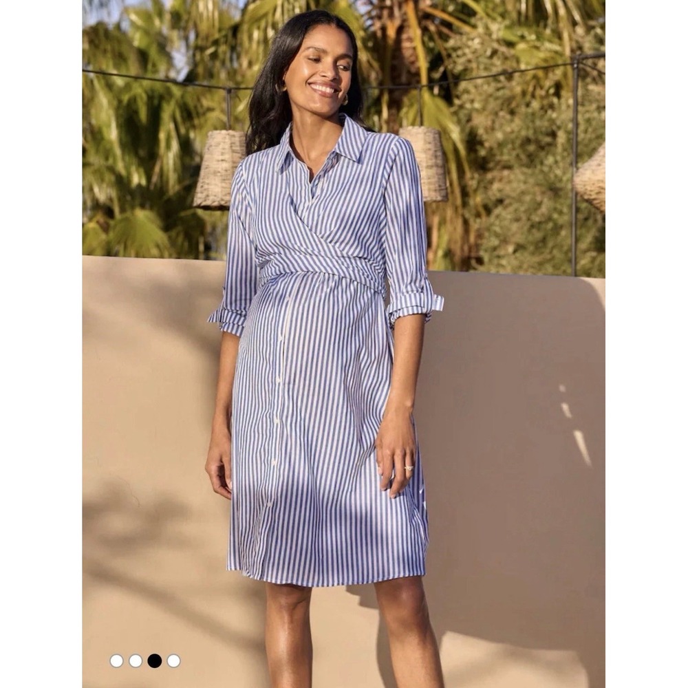Seraphine Maternity Shirt Dress Blue White Striped Nursing Tie Front Size 8